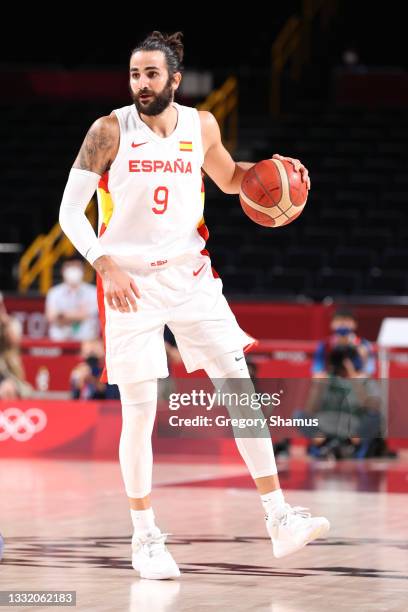 Ricky Rubio of Team Spain sets up the offense against Team United States during the first half of a Men's Basketball Quarterfinal game on day eleven...