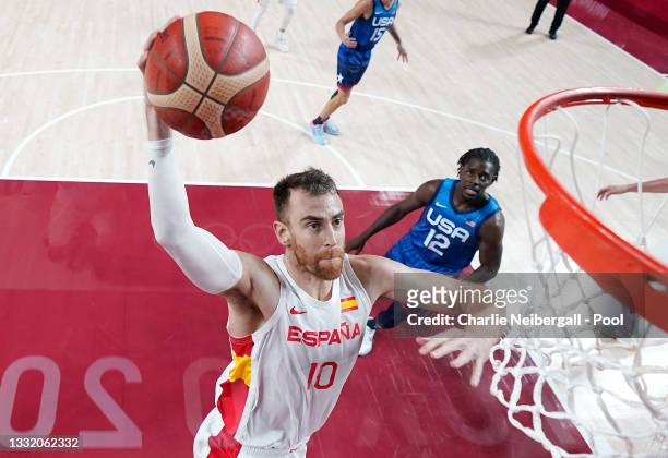 Victor Claver of Team Spain dunks against Team United States during the first half of a Men's Basketball Quarterfinal game on day eleven of the Tokyo...