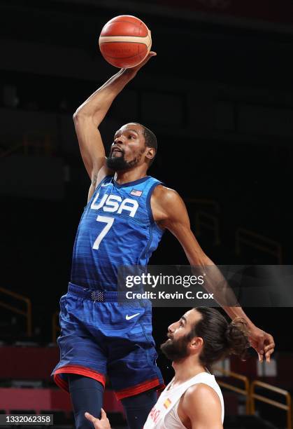 Kevin Durant of Team United States goes up for a dunk against Team Spain during the first half of a Men's Basketball Quarterfinal game on day eleven...