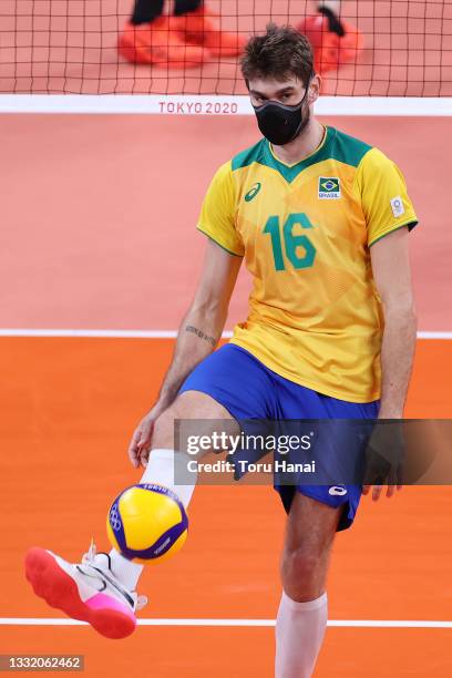 Lucas Saatkamp of Team Brazil kicks the ball after the play against Team Japan during the Men's Quarterfinals volleyball on day eleven of the Tokyo...