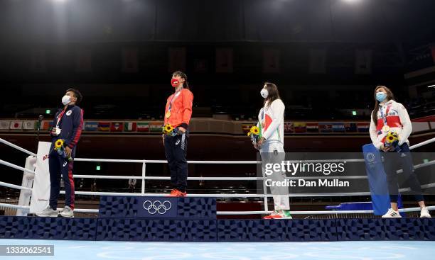 Women's Feather medalists Nesthy Petecio of Team Philippines , Sena Irie of Team Japan , Irma Testa of Team Italy and Karriss Artingstall of Team...