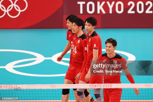 Ran Takahashi of Team Japan celebrates with teammates after the play against Team Brazil during the Men's Quarterfinals volleyball on day eleven of...