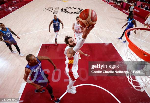 Ricky Rubio of Team Spain drives to the basket against Kevin Durant of Team United States during the first half of a Men's Basketball Quarterfinal...