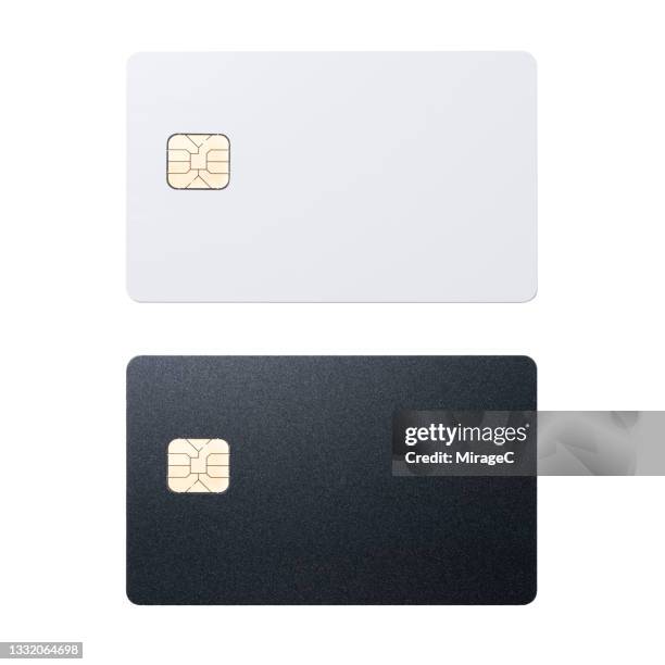 white and black credit cards with emv chip on white - smart card stock-fotos und bilder