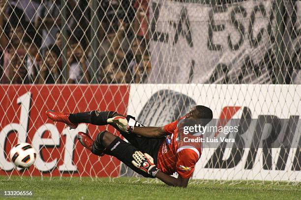 Alexander Dominguez, from Liga Universitaria de Quito, stop the last penalty during a match between Liga Universitaria de Quito of Ecuador and...
