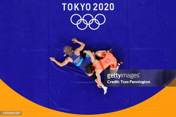 Yukako Kawai of Team Japan competes against Henna Katarina Johansson of Team Sweden during the Women's Freestyle 62kg Quarter Final on day eleven of...