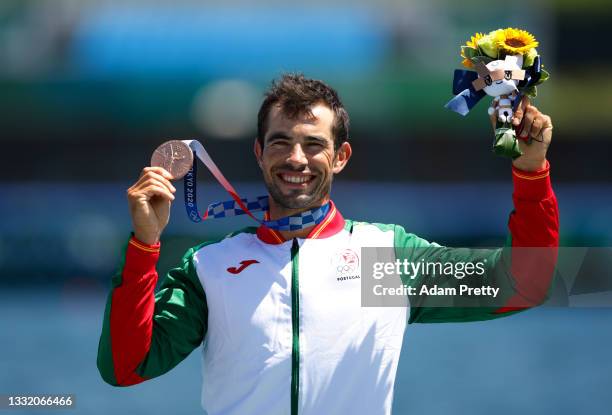Bronze medalist Fernando Pimenta of Team Portugal celebrates at the medal ceremony for the Men's Kayak Single 1000m Final A on day eleven of the...