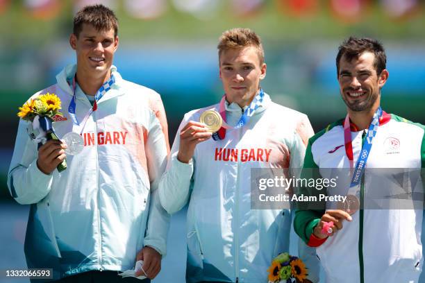 Silver medalist Adam Varga of Team Hungary, gold medalist Balint Kopasz of Team Hungary and bronze medalist Fernando Pimenta of Team Portugal...