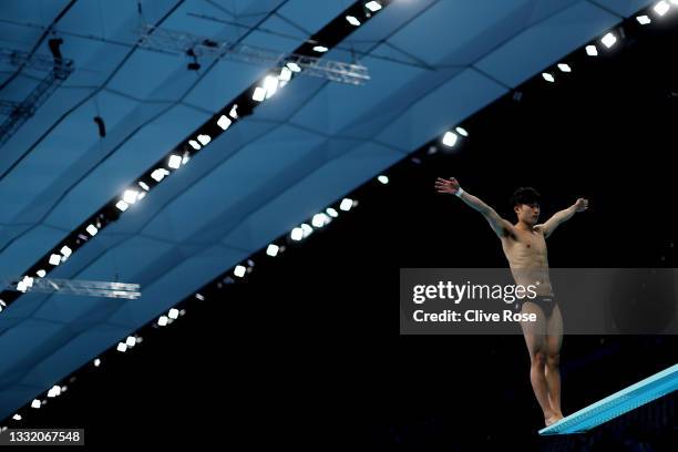 Woo Ha-ram of Team South Korea practices ahead of the Men's 3m Springboard Final on day eleven of the Tokyo 2020 Olympic Games at Tokyo Aquatics...