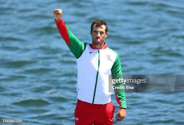 Bronze medalist Fernando Pimenta of Team Portugal celebrates at the medal ceremony for the Men's Kayak Single 1000m Final A on day eleven of the...