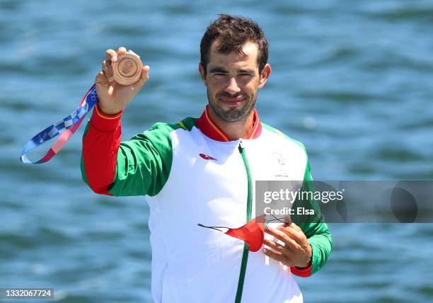 Bronze medalist Fernando Pimenta of Team Portugal celebrates at the medal ceremony for the Men's Kayak Single 1000m Final A on day eleven of the...
