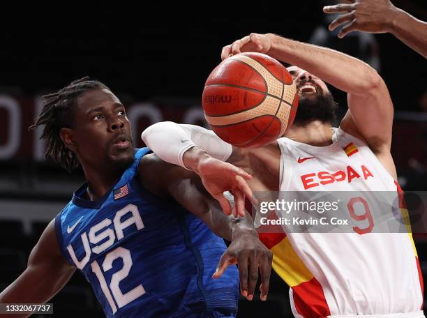 Ricky Rubio of Team Spain looses the ball against Jrue Holiday of Team United States during the second half of a Men's Basketball Quarterfinal game...