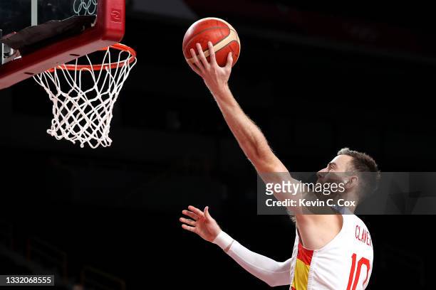 Victor Claver of Team Spain goes up for a layup against Team United States during the second half of a Men's Basketball Quarterfinal game on day...