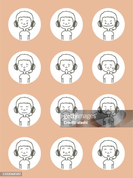 stockillustraties, clipart, cartoons en iconen met cute avatar icons (facial expression, emoticon) of boys wearing headphones in thin-line style - angry anime face