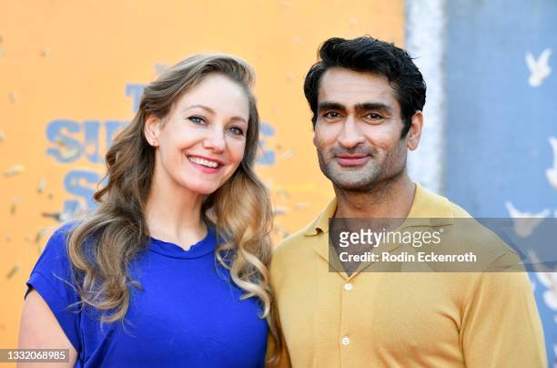 Emily V. Gordon and Kumail Nanjiani attend the Warner Bros. Premiere of "The Suicide Squad" at The Landmark Westwood on August 02, 2021 in Los...