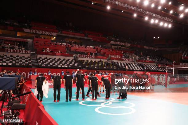 Team Japan bows toward the stands after losing to Team Brazil during the Men's Quarterfinals volleyball on day eleven of the Tokyo 2020 Olympic Games...