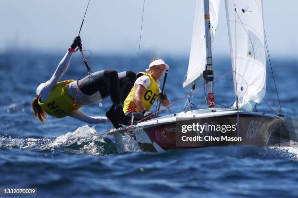 Hannah Mills and Eilidh McIntyre of Team Great Britain compete in the Women's 470 class on day eleven of the Tokyo 2020 Olympic Games at Enoshima...