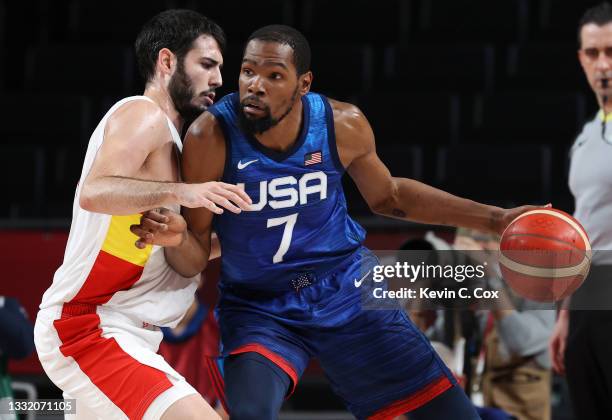 Kevin Durant of Team United States drives to the basket against Alejandro Abrines Redondo of Team Spain during the second half of a Men's Basketball...