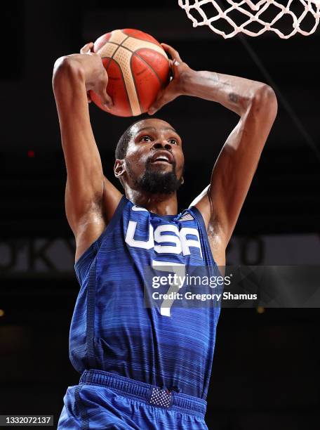 Kevin Durant of Team United States dunks against Spain during the second half of a Men's Basketball Quarterfinal game on day eleven of the Tokyo 2020...