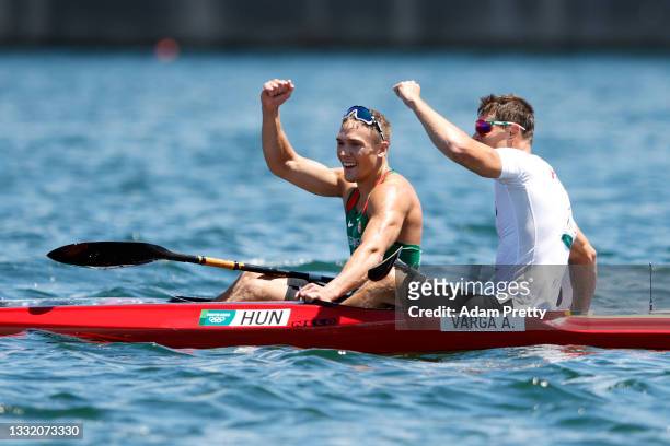 Silver medalist Adam Varga of Team Hungary and gold medalist Balint Kopasz of Team Hungary celebrate after the Men's Kayak Single 1000m Final A on...