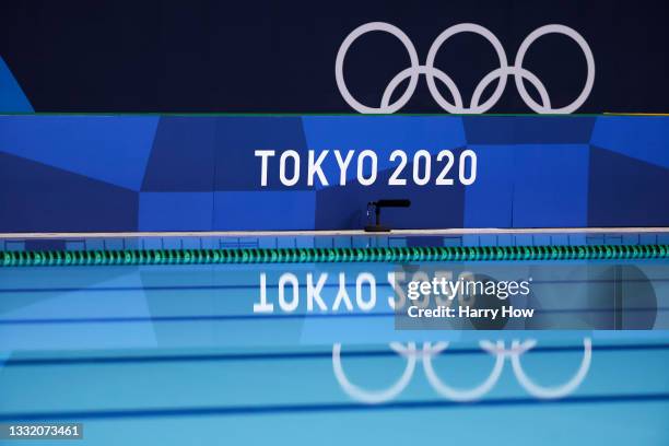 Tokyo 2020 signage is reflected in the pool prior to the Women's Quarterfinal match between Canada and the United States on day eleven of the Tokyo...