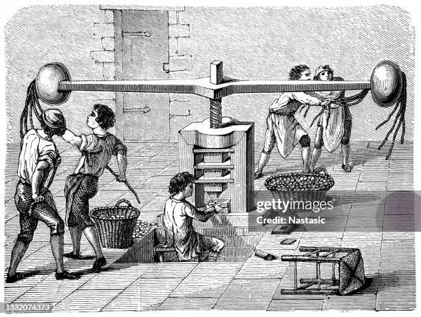 ilustrações de stock, clip art, desenhos animados e ícones de technical drawing of a minting machine, 19th century - ponta seca