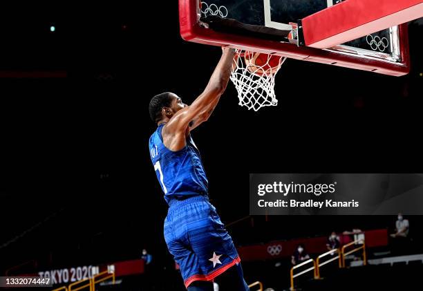 Kevin Durant of the USA slam dunks during the quarter final Basketball match between the USA and Spain on day eleven of the Tokyo 2020 Olympic Games...