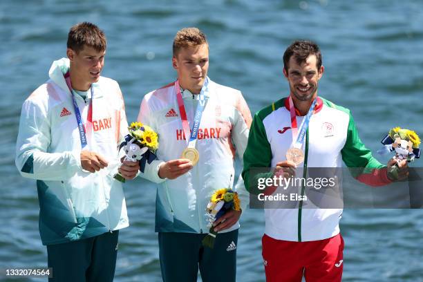 Silver medalist Adam Varga of Team Hungary, gold medalist Balint Kopasz of Team Hungary and bronze medalist Fernando Pimenta of Team Portugal...