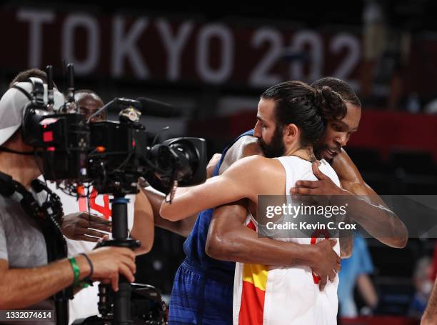 Ricky Rubio of Team Spain and Kevin Durant of Team United States embrace after Spain's loss to the United States following a Men's Basketball...