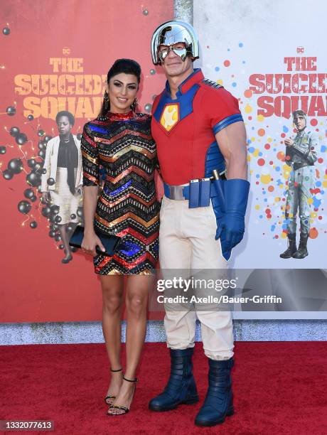 Shay Shariatzadeh and John Cena attend Warner Bros. Premiere of "The Suicide Squad" at The Landmark Westwood on August 02, 2021 in Los Angeles,...