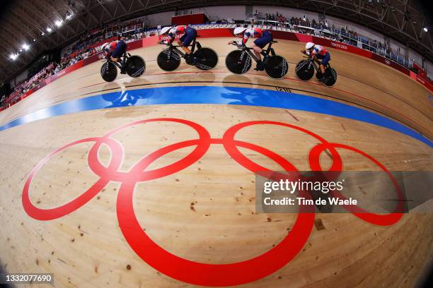 General view of Katie Archibald, Laura Kenny, Neah Evans and Josie Knight of Team Great Britain sprint to setting a new Olympic record during the...