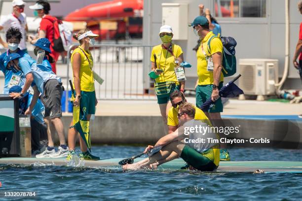 August 3: Thomas Green of Australia after finishing out of the medals in the 1000m Kayak Single for men at the Sea Forest Waterway during the Tokyo...