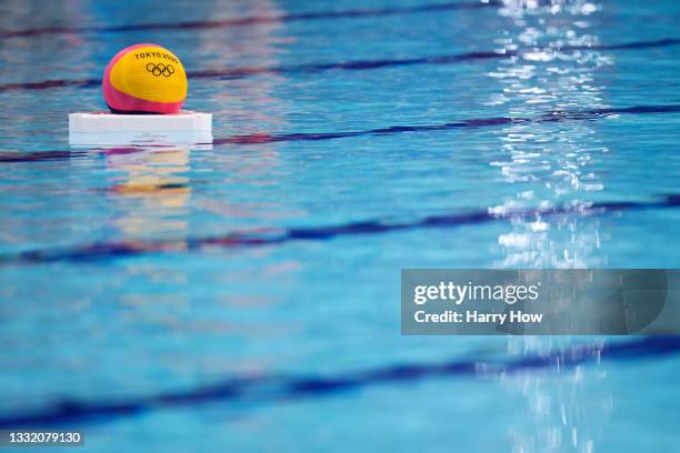 Ball is reflected in the pool during the Women's Quarterfinal match between Spain and China on day eleven of the Tokyo 2020 Olympic Games at Tatsumi...