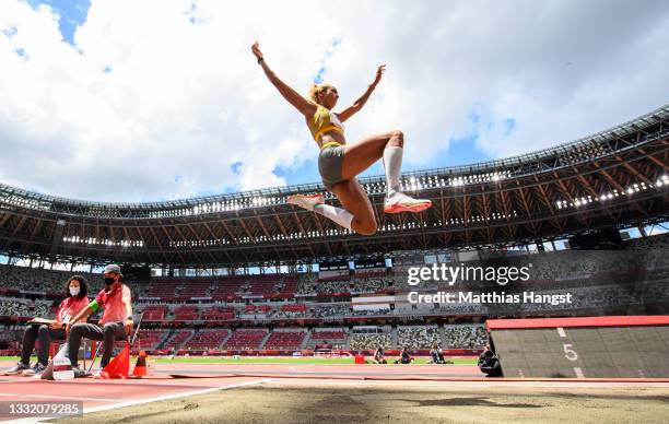 Malaika Mihambo of Team Germany competes in the Women's Long Jump Final on day eleven of the Tokyo 2020 Olympic Games at Olympic Stadium on August...