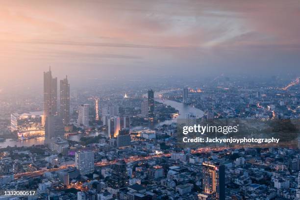 night view bangkok cityscape modern skyscrapers, aerial view ,thailand - bangkok aerial stock pictures, royalty-free photos & images