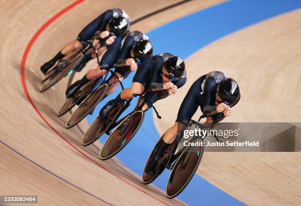 Aaron Gate, Campbell Stewart, Regan Gough and Jordan Kerby of Team New Zealand sprint during the Men´s team pursuit first round, heat 3 of the Track...