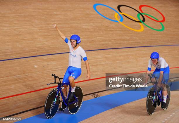 Francesco Lamon and Simone Consonni of Team Italy celebrate to setting a new Olympic record ahead of Team Australia during the Men´s team pursuit...