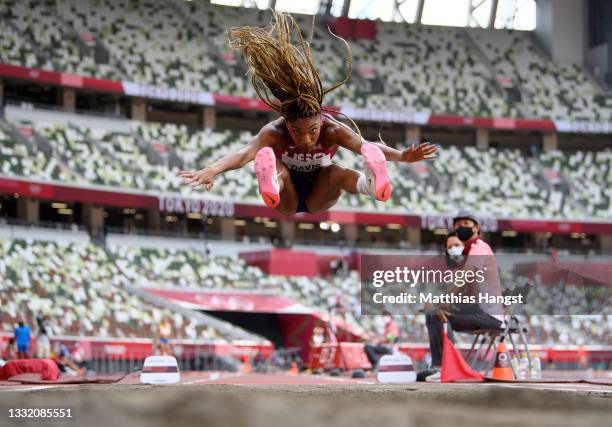 Tara Davis of Team United States competes in the Women's Long Jump Final on day eleven of the Tokyo 2020 Olympic Games at Olympic Stadium on August...