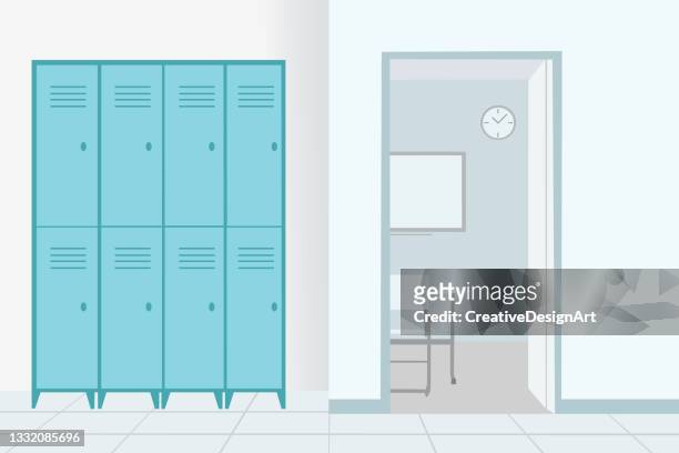 illustrazioni stock, clip art, cartoni animati e icone di tendenza di corridoio scolastico vuoto con armadietti e porta aperta in classe - locker