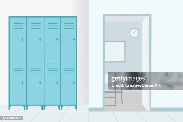 stockillustraties, clipart, cartoons en iconen met empty school corridor with lockers and open door in classroom - achtergrond krijtbord blauw