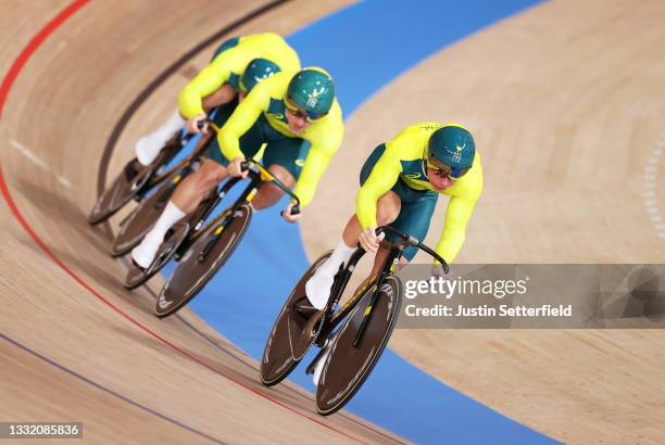 Matthew Richardson, Nathan Hart and Matthew Glaetzer of Team Australia sprint during the Men´s team sprint first round, heat 2 of the Track Cycling...