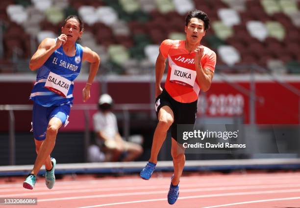 Shota Iizuka of Team Japan competes in round one of the Men's 200m heats on day eleven of the Tokyo 2020 Olympic Games at Olympic Stadium on August...