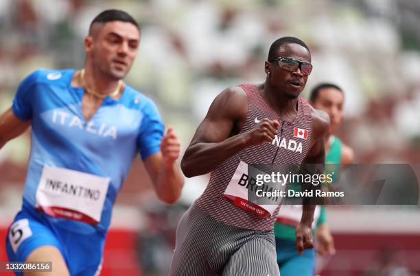 Aaron Brown of Team Canada competes in round one of the Men's 200m heats on day eleven of the Tokyo 2020 Olympic Games at Olympic Stadium on August...