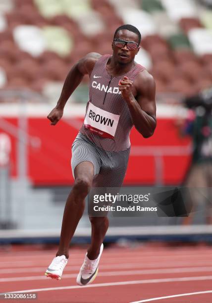 Aaron Brown of Team Canada competes in round one of the Men's 200m heats on day eleven of the Tokyo 2020 Olympic Games at Olympic Stadium on August...