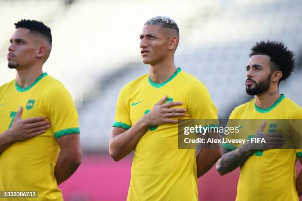 Richarlison of Team Brazil stands for the national anthem prior to the Men's Football Semi-final match between Mexico and Brazil on day eleven of the...