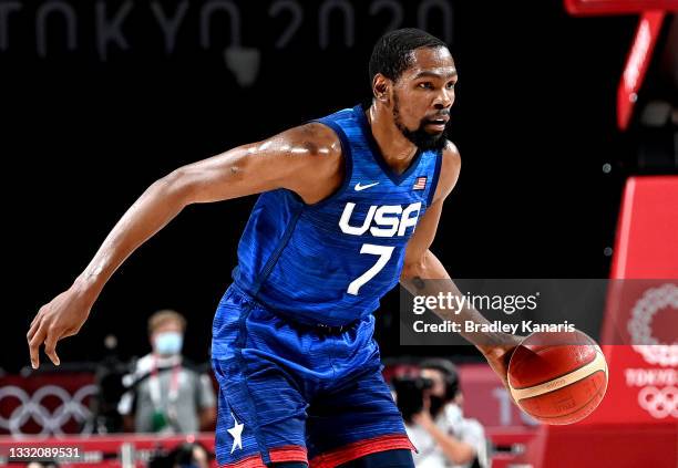 Kevin Durant of the USA in action during the quarter final Basketball match between the USA and Spain on day eleven of the Tokyo 2020 Olympic Games...