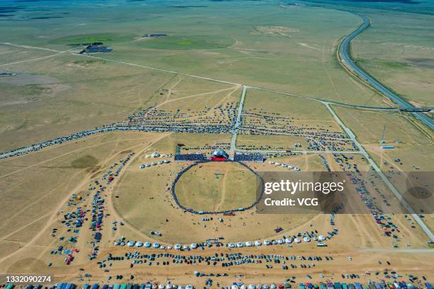 People attend the annual Naadam festival at Sonid Right Banner on July 30, 2021 in Xilingol League, Inner Mongolia Autonomous Region of China.