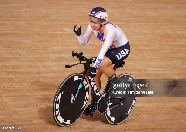 Emma White of Team United States celebrates winning a bronze medal after the Women's team pursuit finals, bronze medal of the Track Cycling on day...