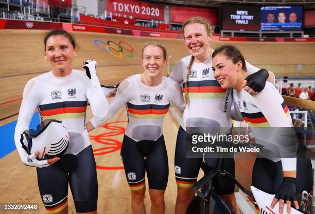 Lisa Brennauer, Franziska Brausse, Mieke Kroeger and Lisa Klein of Team Germany celebrate winning a gold medal during the Women's team pursuit...