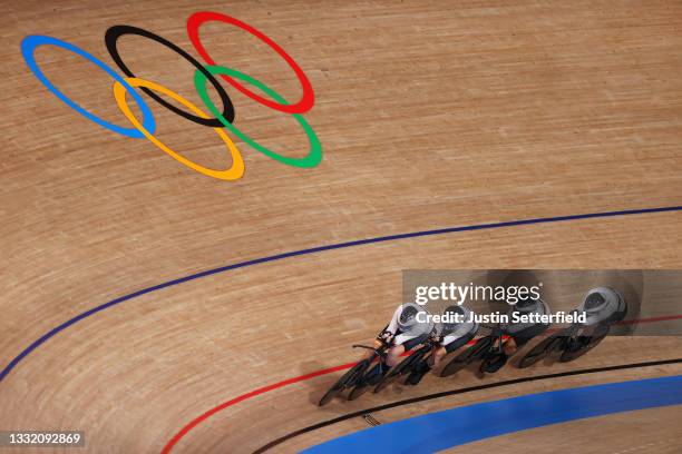 General view of Franziska Brausse, Lisa Brennauer, Lisa Klein and Mieke Kroeger of Team Germany sprint during the Women's team pursuit finals, gold...